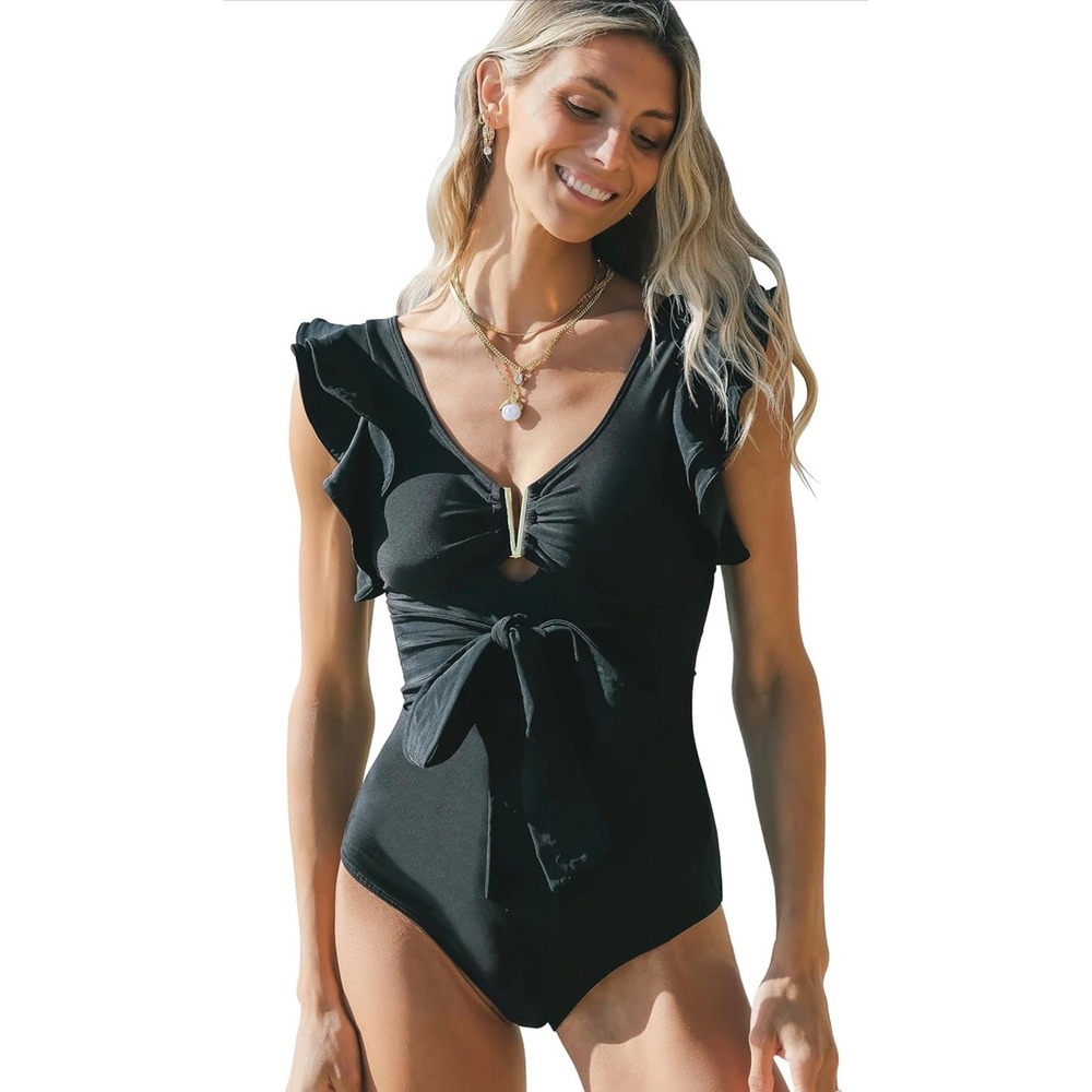SPORLIKE Women One Piece Swimsuit Ruffle V Neck Swimwear Padded Suit size S NWT